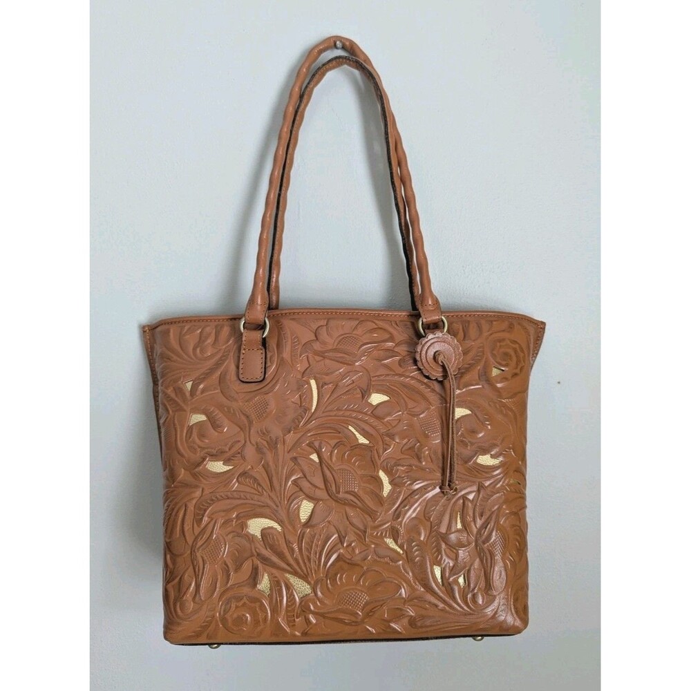 Patricia Nash Adeline Large Leather Tote Satchl Burnished Cutout Cognac Western
